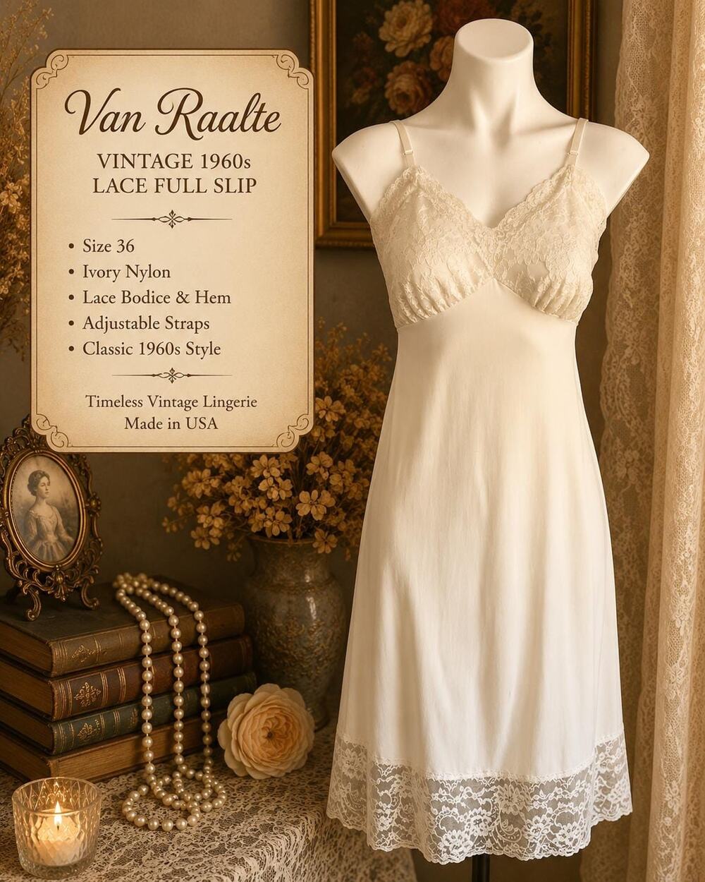 Vintage Van Raalte Ivory Lace Full Slip 1960s Nylon Nightgown Lingerie 34
